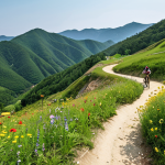 ** A scenic view of the Pyeongchang Alpine Centre in the summer, showcasing mountain bike trails winding down the former ski slopes. Focus on the green landscape with a few mountain bikers enjoying the trails. Consider adding some wildflowers in the foreground.

**