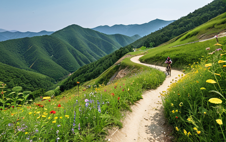 ** A scenic view of the Pyeongchang Alpine Centre in the summer, showcasing mountain bike trails winding down the former ski slopes. Focus on the green landscape with a few mountain bikers enjoying the trails. Consider adding some wildflowers in the foreground.

**