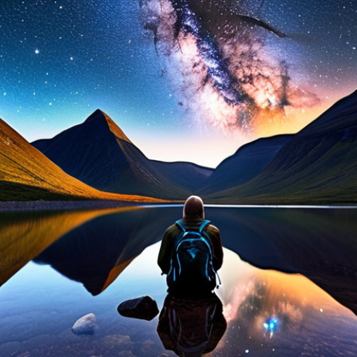 Home 6 A lone hiker sits contemplatively by a still mountain lake on Kungsleden under a breathtakingly clear, star-filled night sky, the Milky Way visible above. Their backpack rests beside them, symbolizing detachment from the digital world. The scene evokes profound peace, solitude, and the vastness of nature, with subtle reflections of stars on the water.