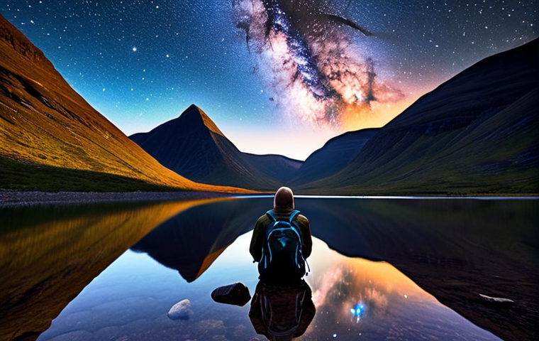 A lone hiker sits contemplatively by a still mountain lake on Kungsleden under a breathtakingly clear, star-filled night sky, the Milky Way visible above. Their backpack rests beside them, symbolizing detachment from the digital world. The scene evokes profound peace, solitude, and the vastness of nature, with subtle reflections of stars on the water.